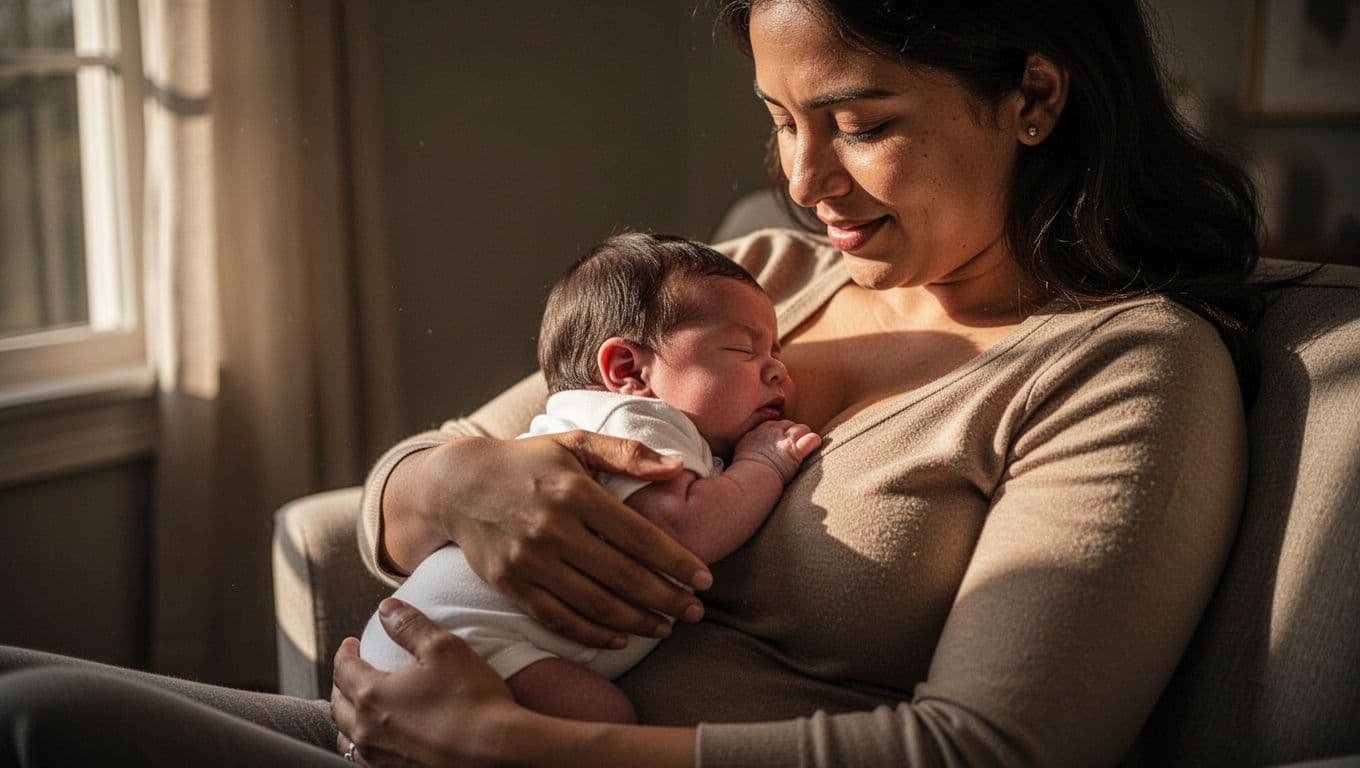 Mother breastfeeding a newborn tummy-to-tummy with the baby’s nose clear and body aligned.