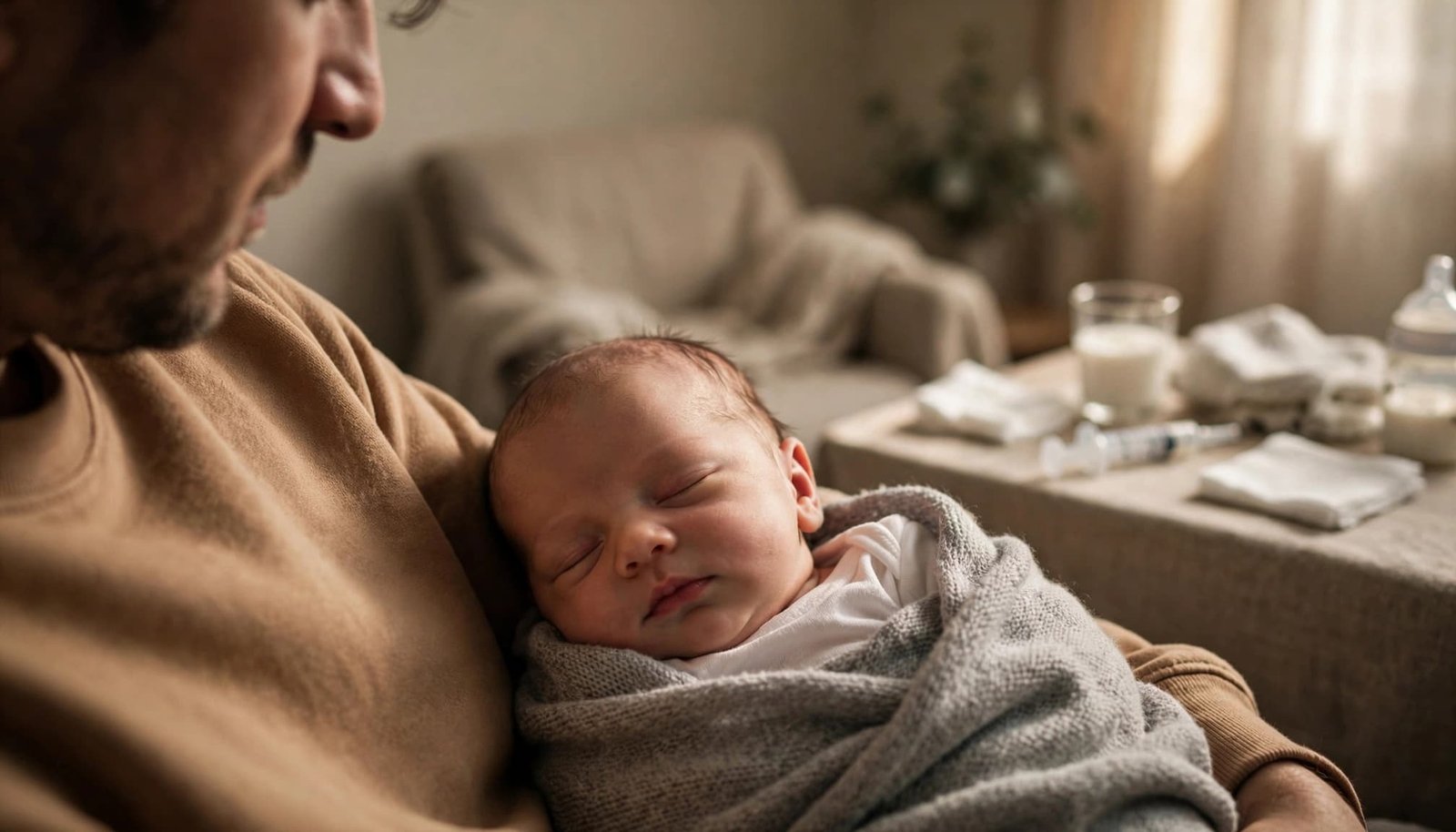 A newborn rests safely beside a parent during feeding support.