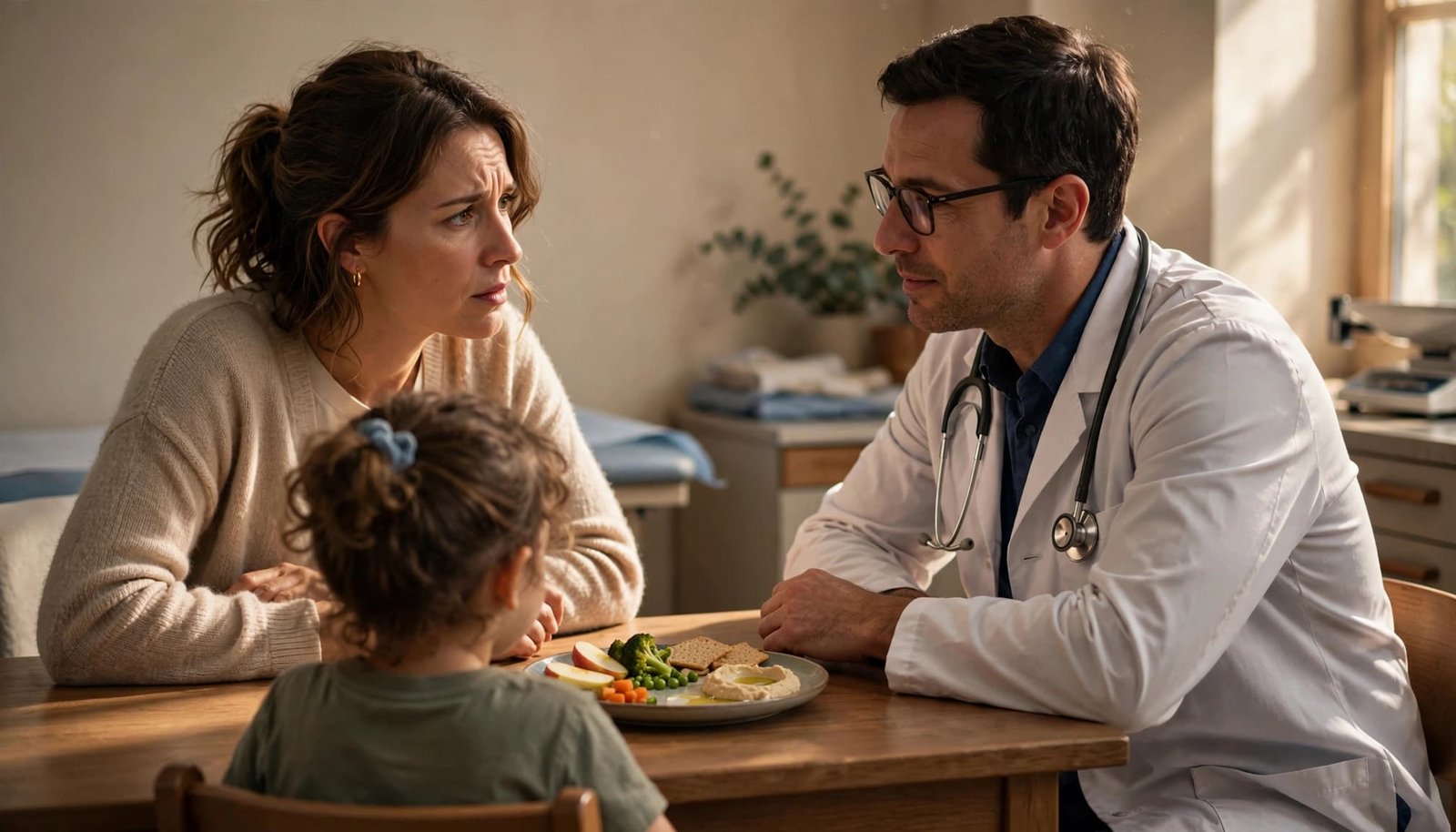 A parent and clinician discuss foods with a child seen from behind at a clinic table.