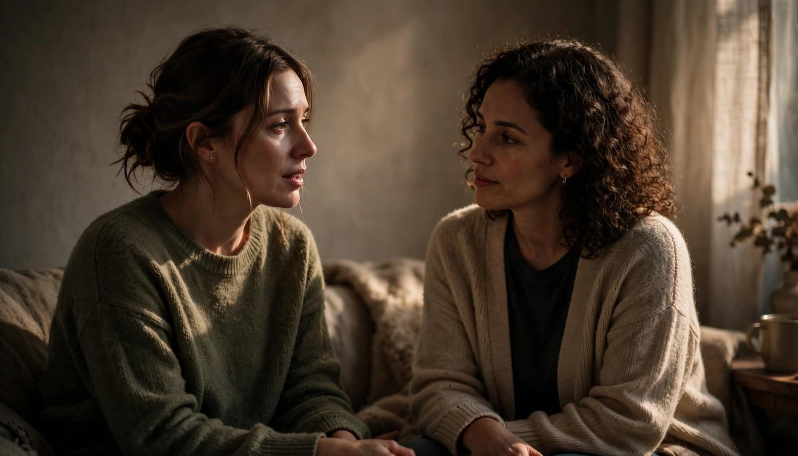 A parent and friend share a quiet conversation in a warmly lit home.