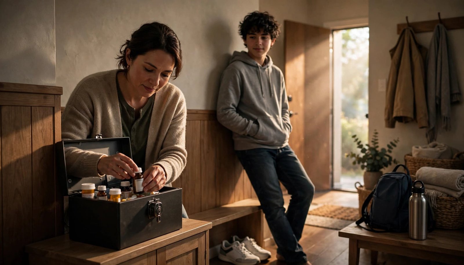 A parent locks medicines away while a teenager waits in a tidy entryway.