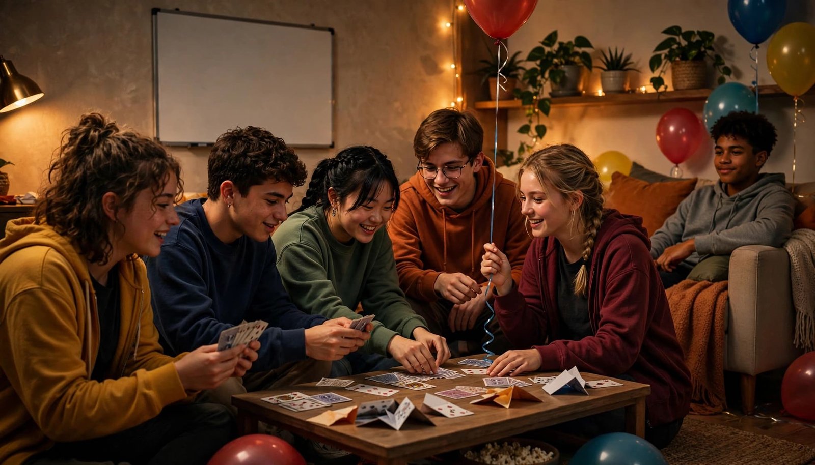 Six teens play party games with cards, paper, balloons, and a whiteboard in a warm living room.