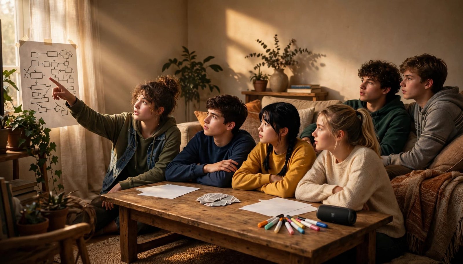 Six teens plan party games around a table in a cozy living room.