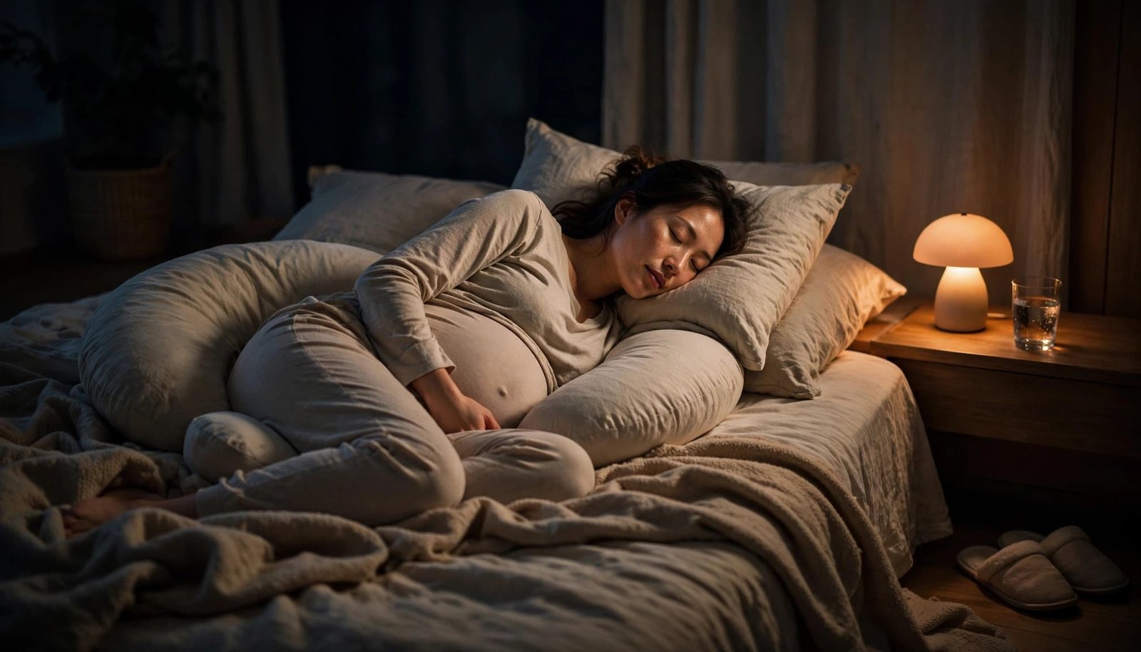 Pregnant woman resting with pillows, water, and a night-light beside her bed.