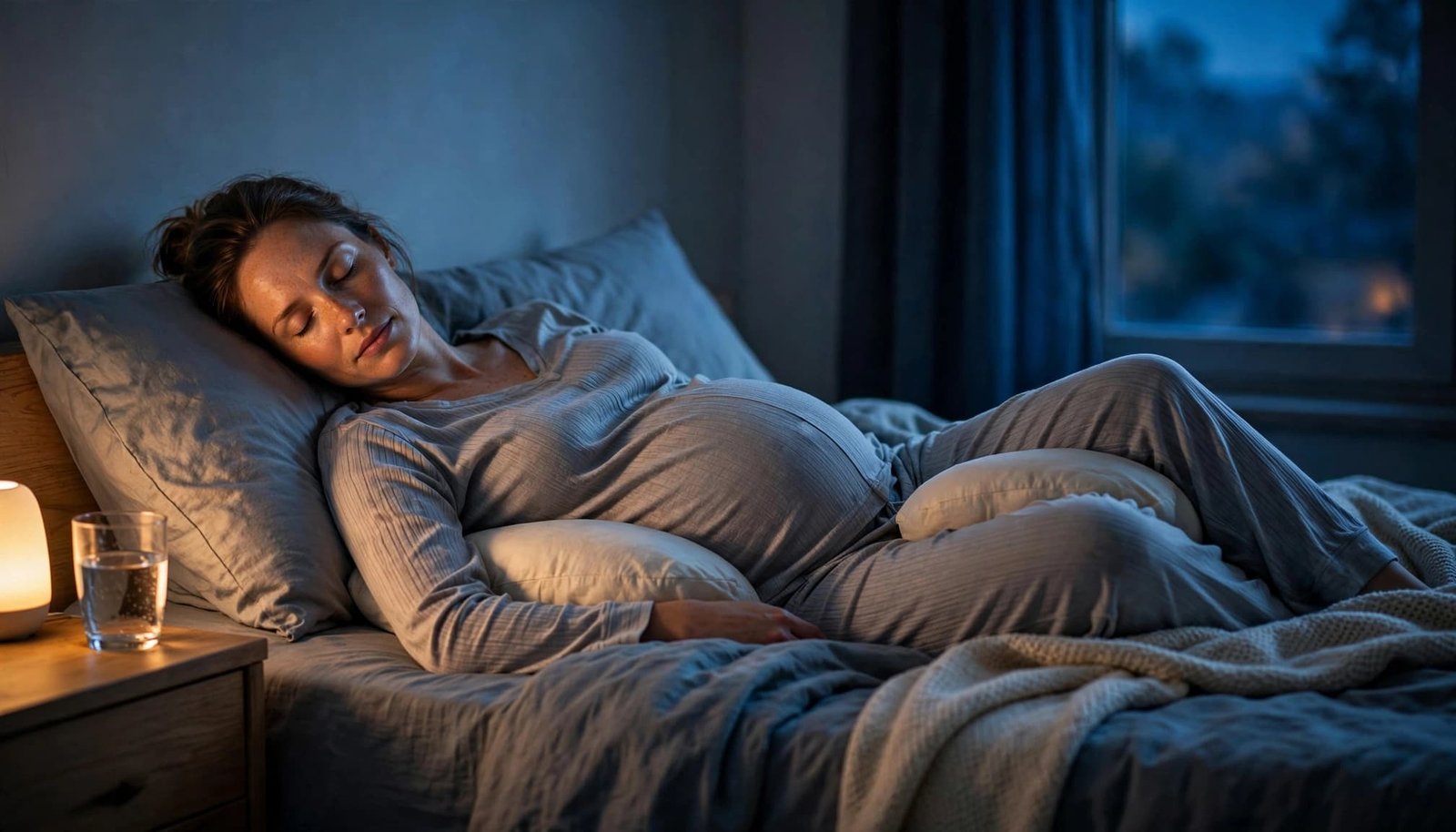 Pregnant woman resting with supportive pillows, water, and a soft bedside light.