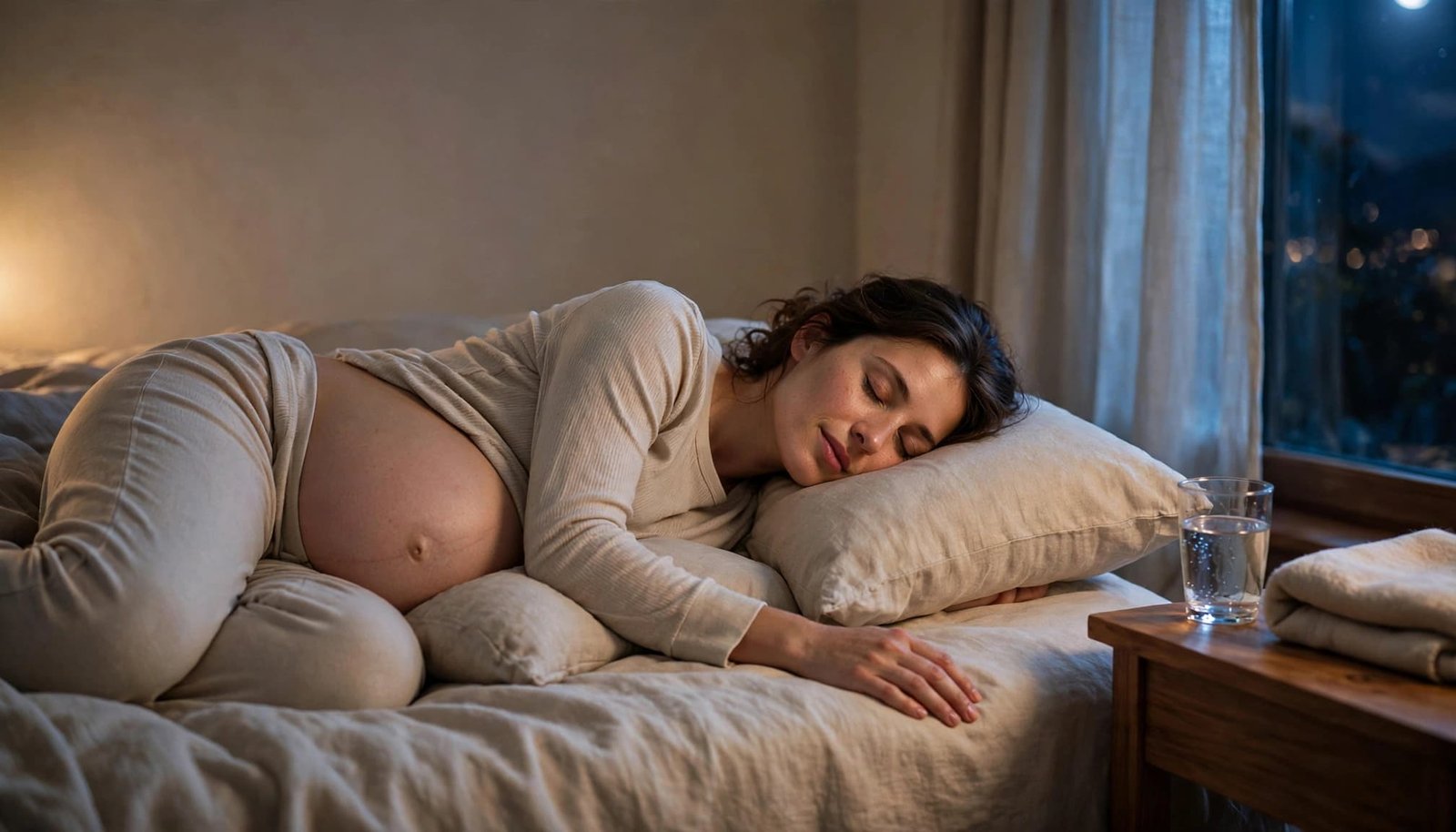 Pregnant woman resting on her side with pillows in a quiet bedroom.