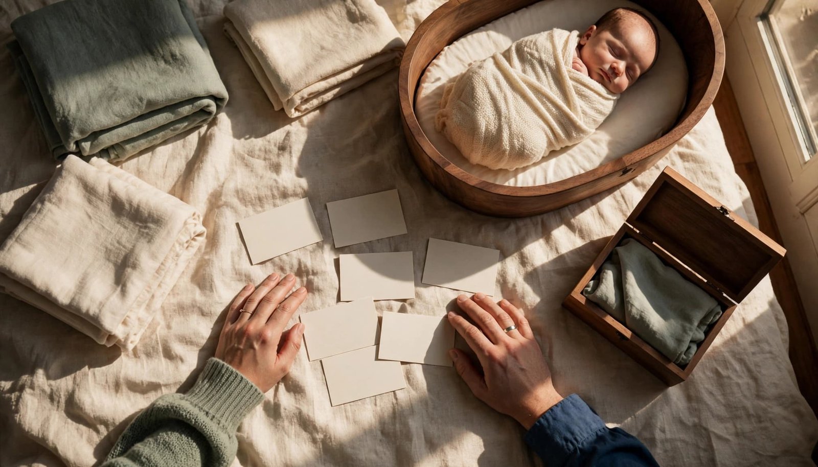 Parents consider blank name cards while their newborn sleeps in a nearby bassinet.