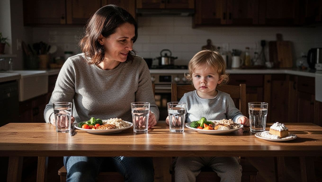 A parent and toddler share a balanced meal with vegetables, water, and a small dessert.