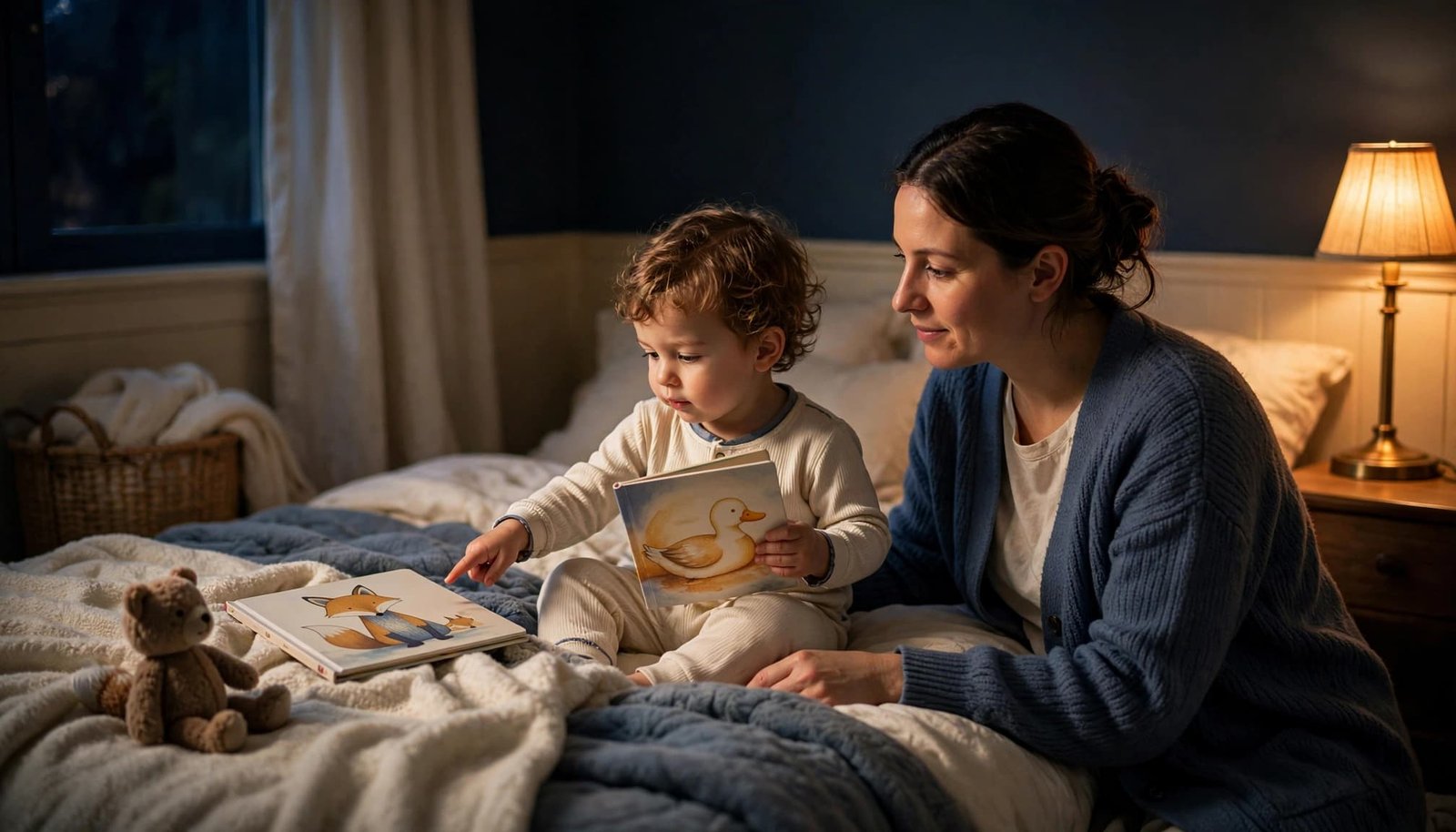 A parent and toddler choose between two books beside a cozy bed.