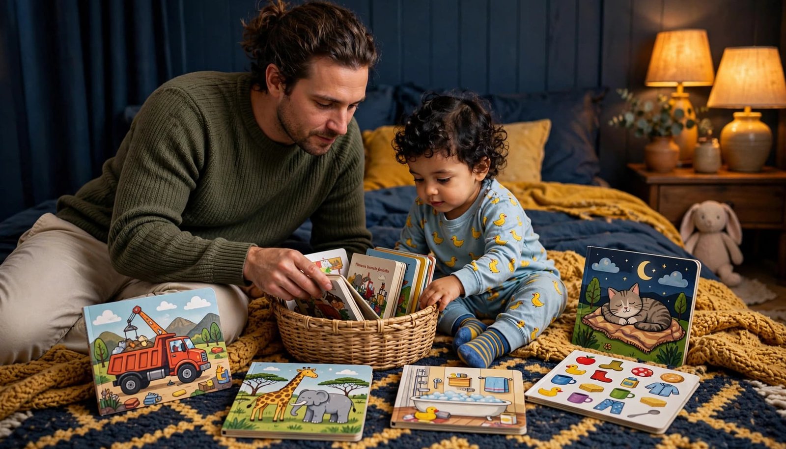 A parent and toddler choose picture books on a bedroom rug.
