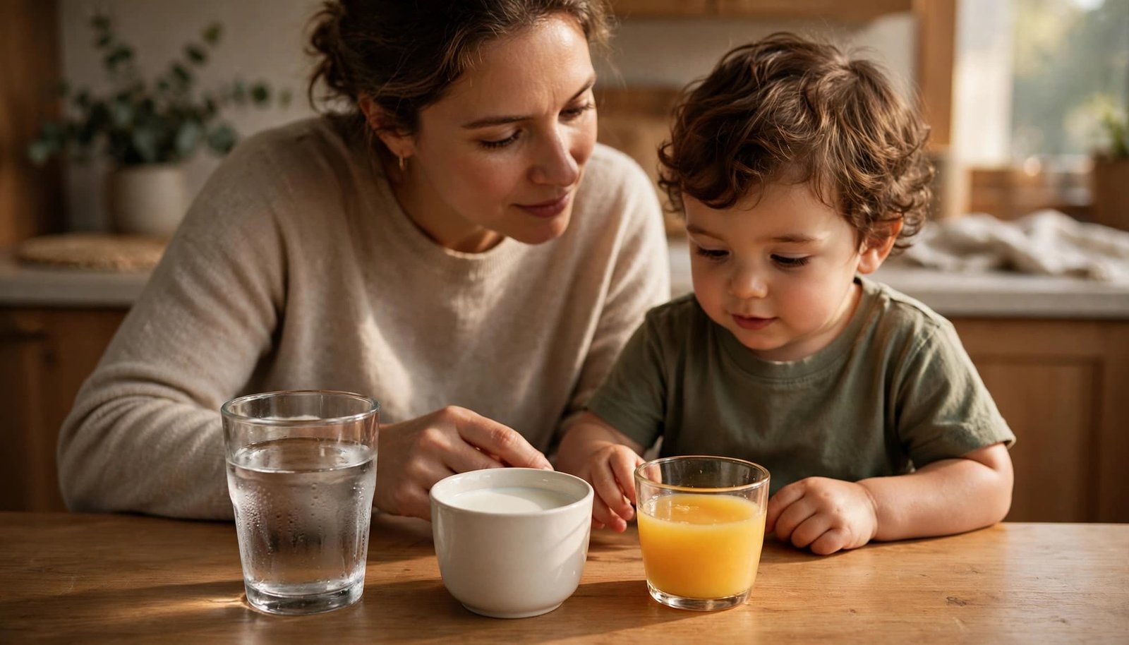 A parent and toddler choose water, milk, and fruit juice at a kitchen table.