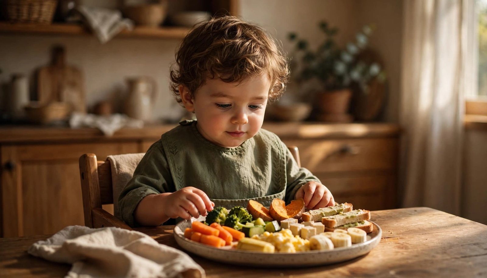 A toddler sits beside a plate of soft vegetables, fruit, egg, tofu, and toast.