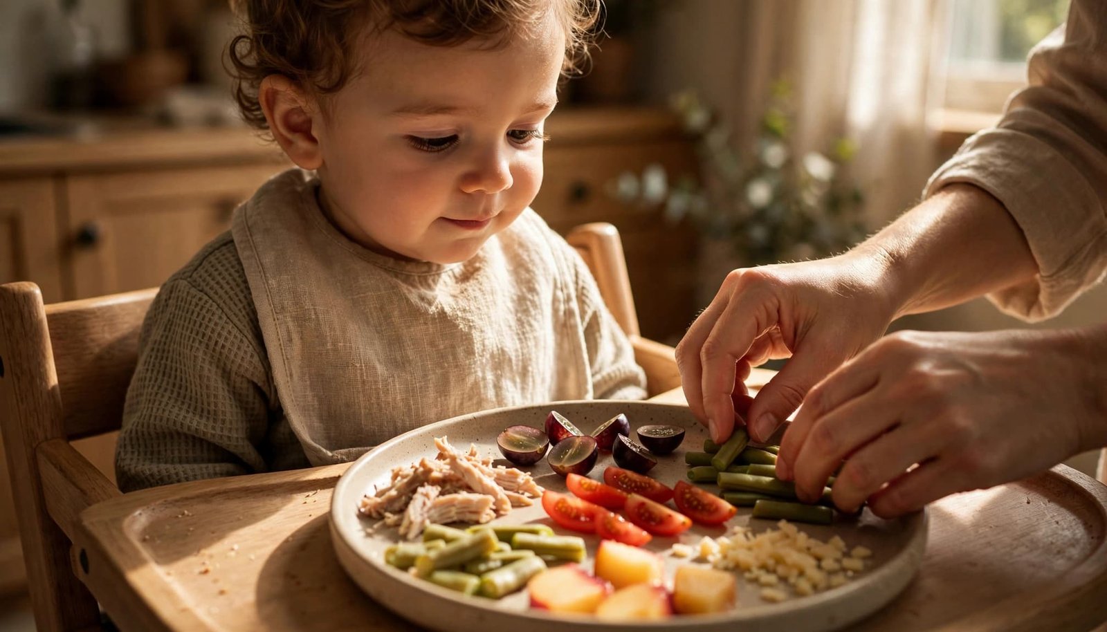 Toddler in a high chair beside a plate of soft, cut finger foods.