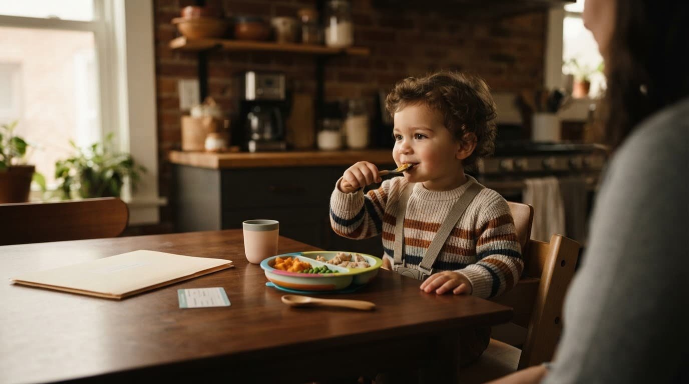 A toddler sits at a dining table with a meal and growth chart folder nearby.
