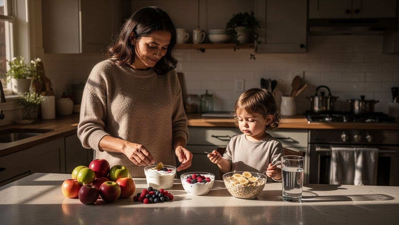 A parent and toddler choose fruit, yogurt, oatmeal, or water at a kitchen table.