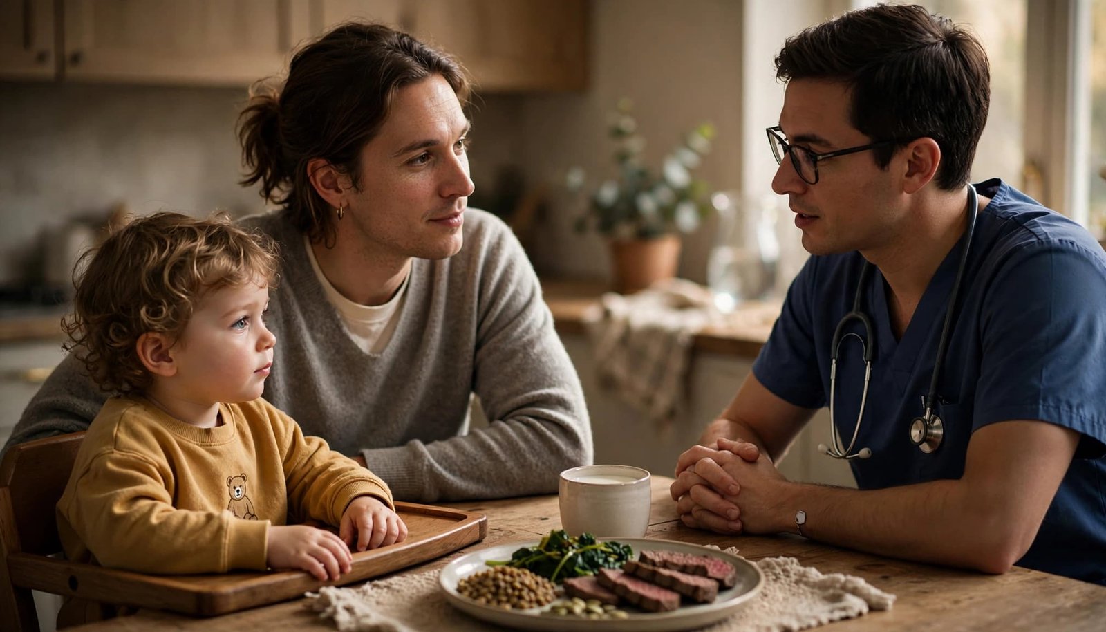 A parent and toddler discuss nutrition with a pediatrician over a plate of healthy foods.