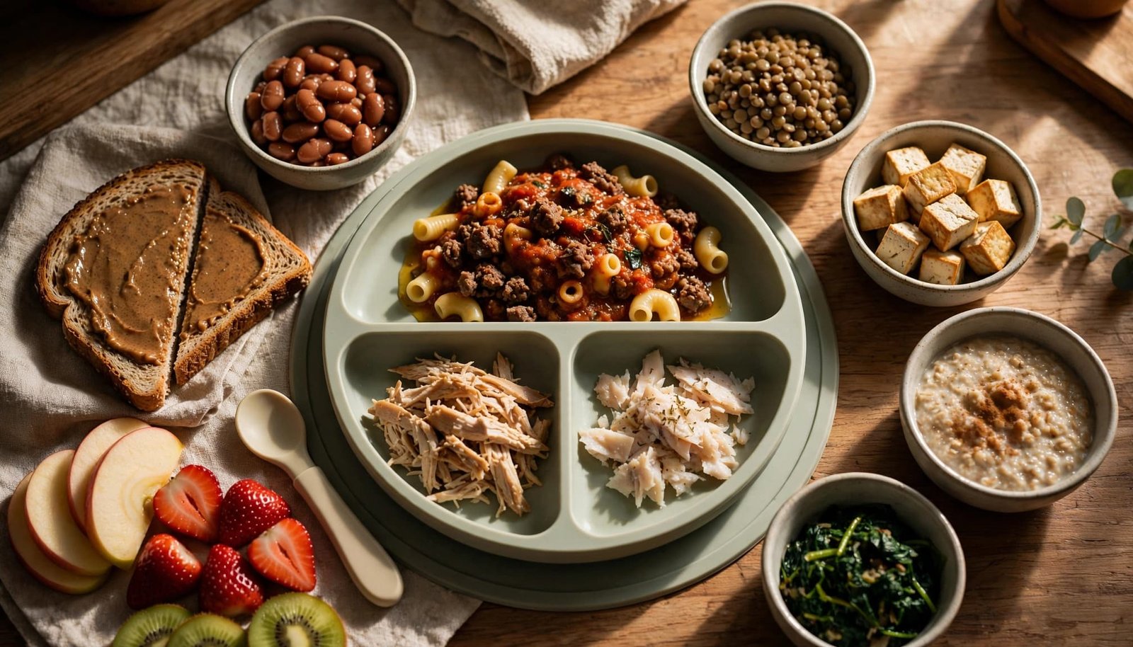 A toddler plate holds small portions of iron-rich foods, toast, oatmeal, and sliced fruit.