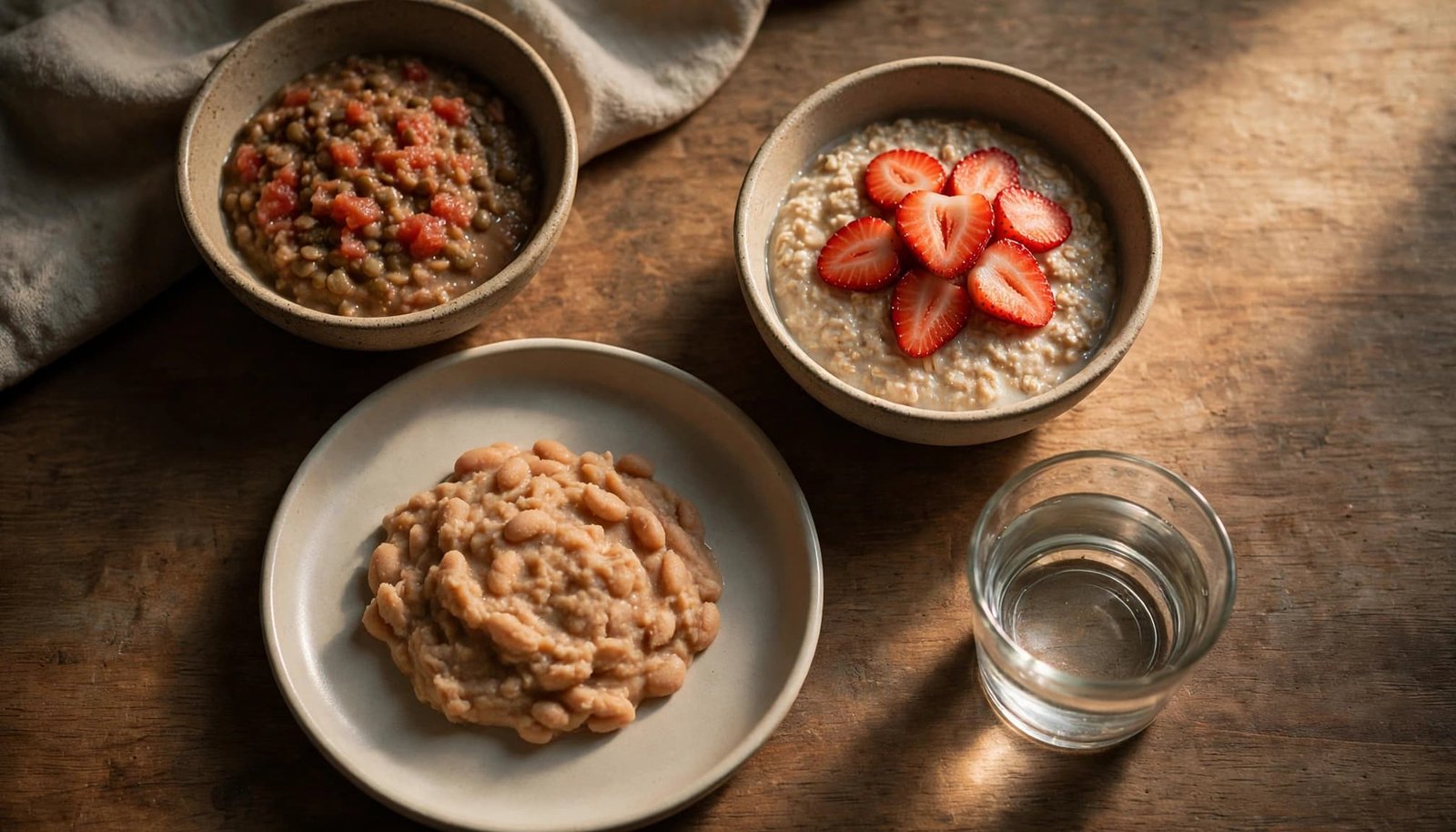 Soft lentils, beans, oatmeal, fruit, and water arranged for a toddler meal.