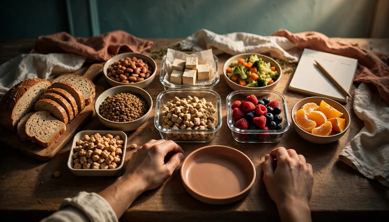 Hands beside toddler-friendly iron-rich foods and a weekly meal planner in a warm kitchen.