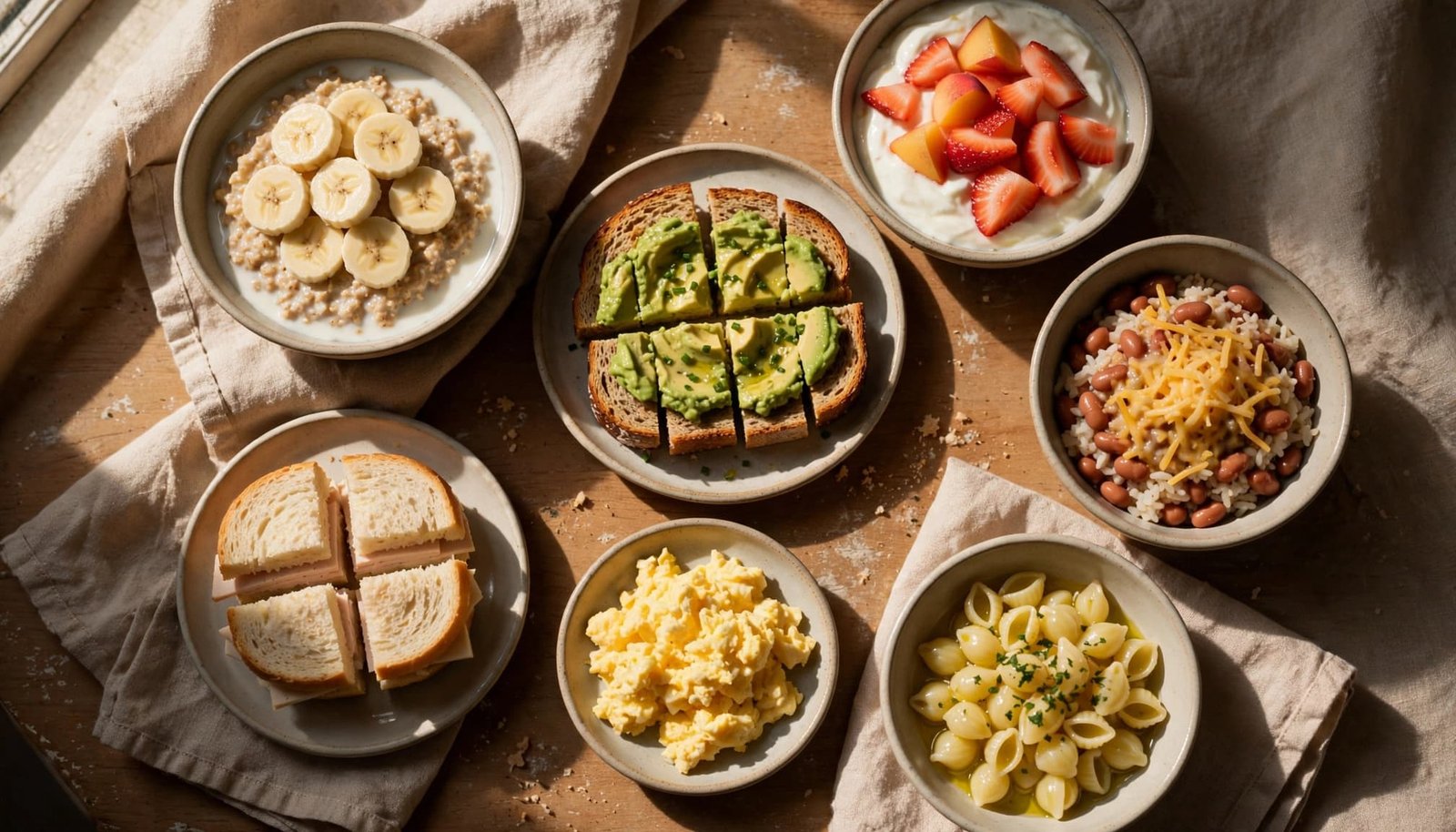 Small toddler portions of oatmeal, fruit, toast, rice, egg, sandwich, and pasta on a kitchen table.