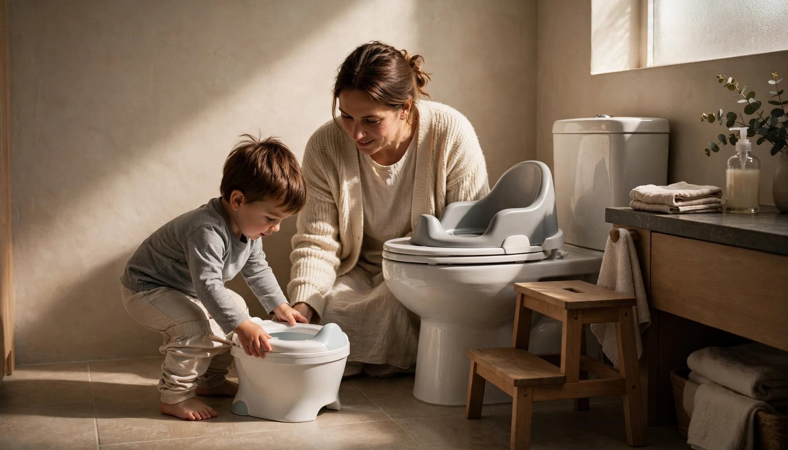 Toddler explores a potty as a parent stands nearby in a tidy bathroom.