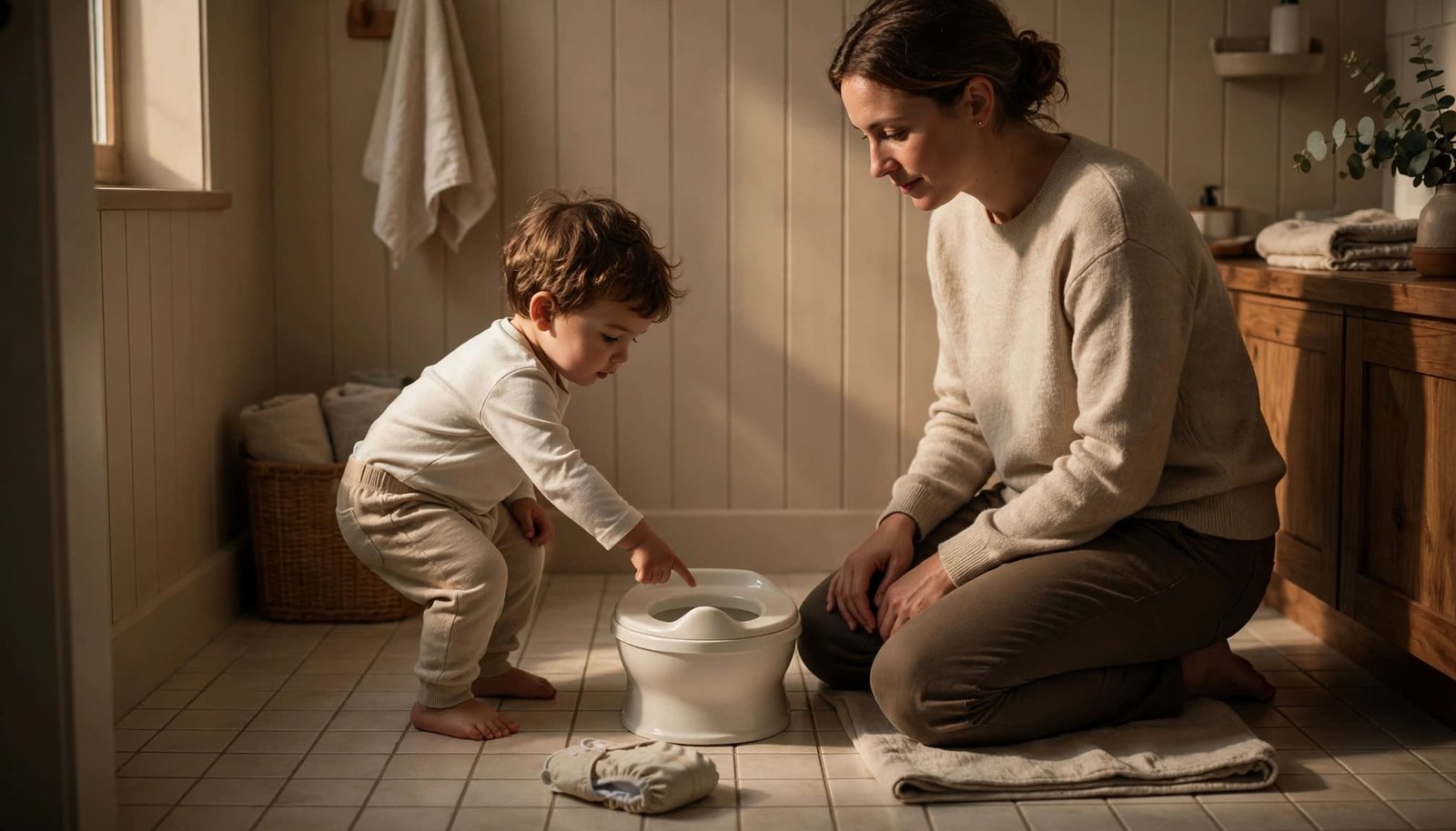 A toddler points to a small potty while a parent kneels nearby.