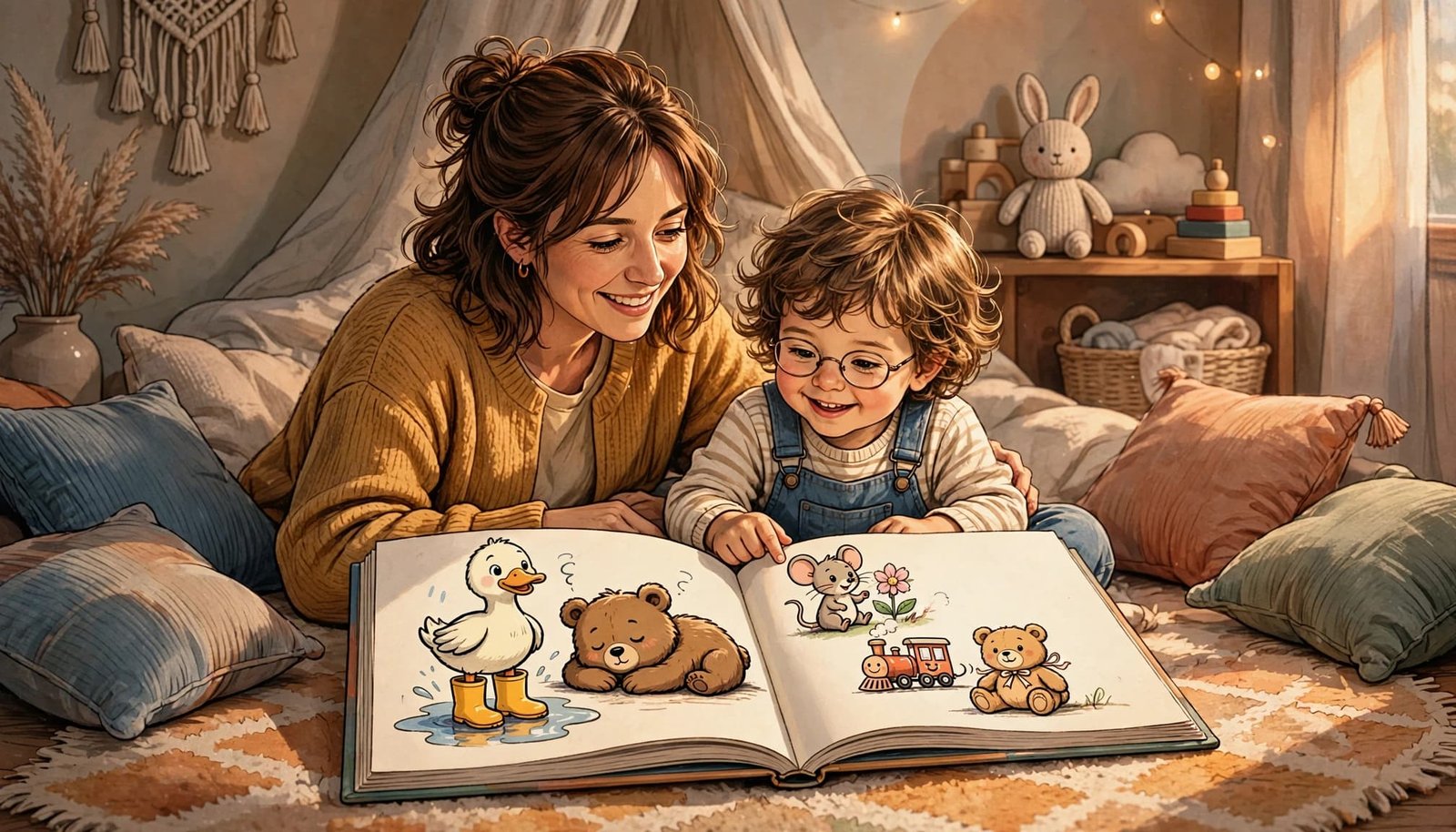 A parent and toddler share a colorful animal picture book in a cozy reading corner.