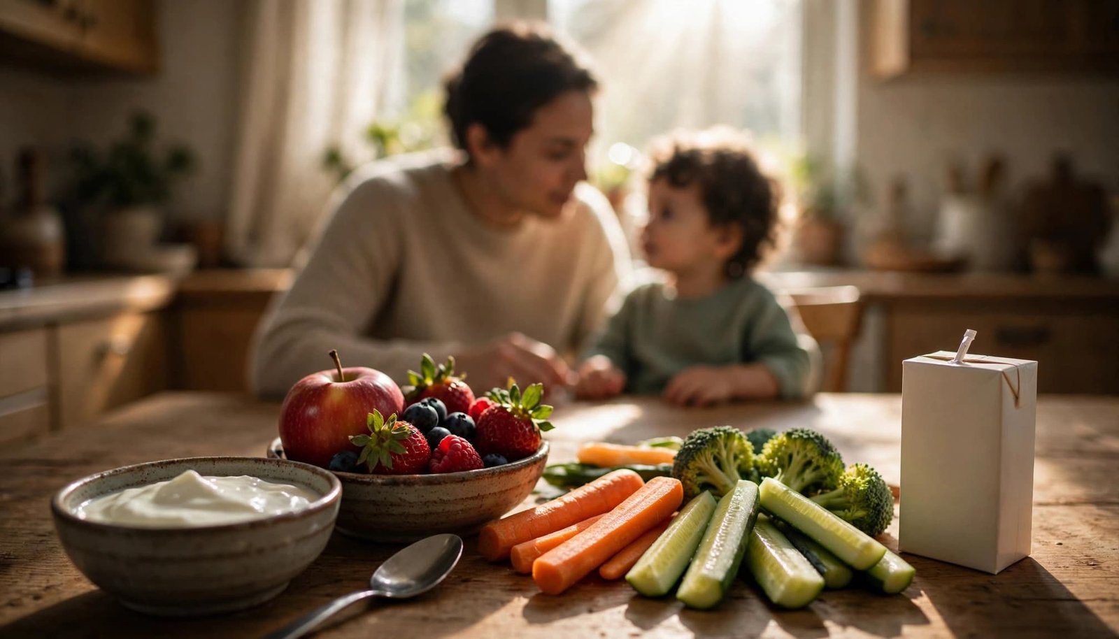 Parent and toddler compare fruit, yogurt, vegetables, and a packaged sweet snack at a kitchen table.