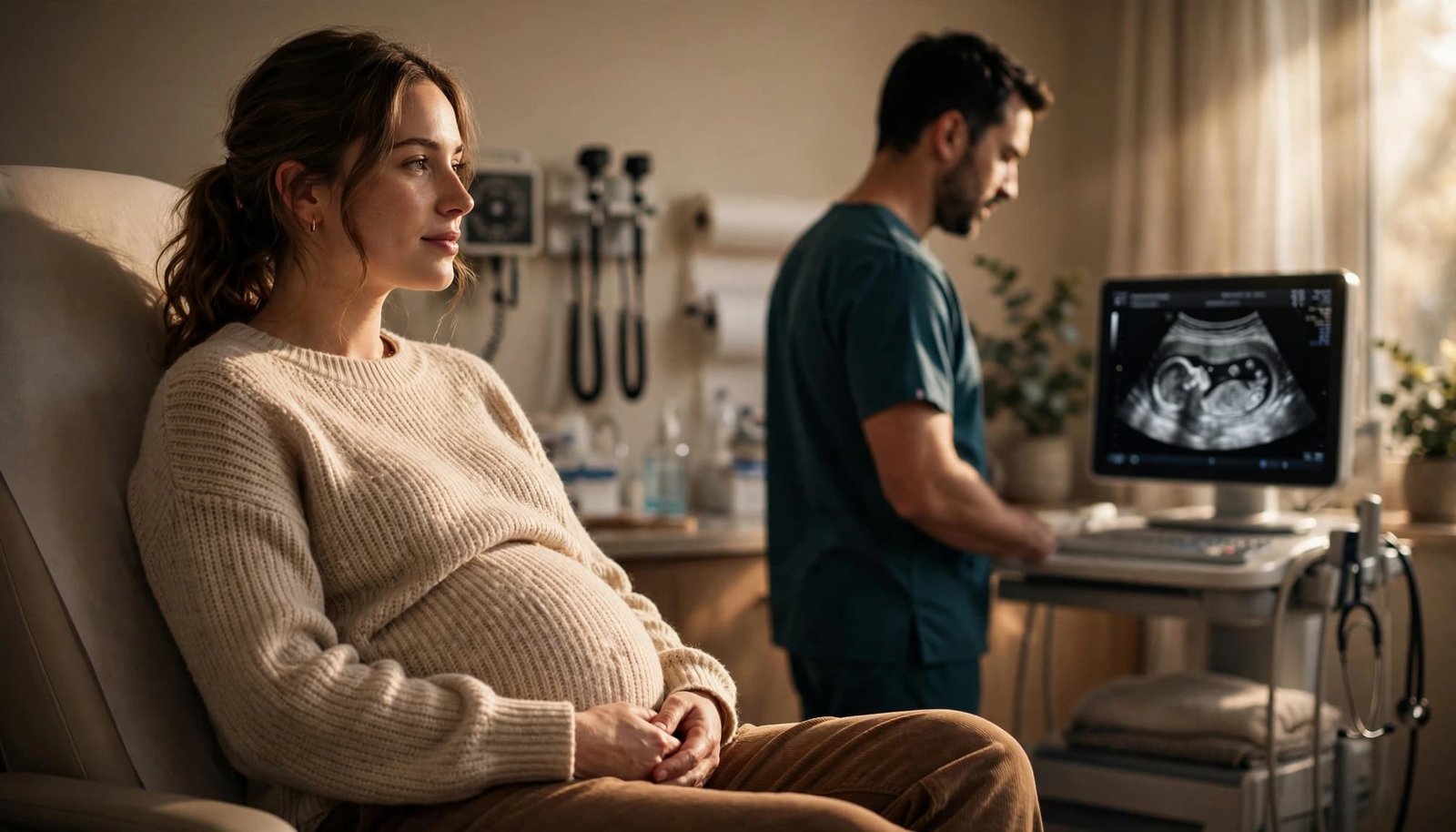 Pregnant woman seated in a clinic while a clinician reviews an ultrasound image.