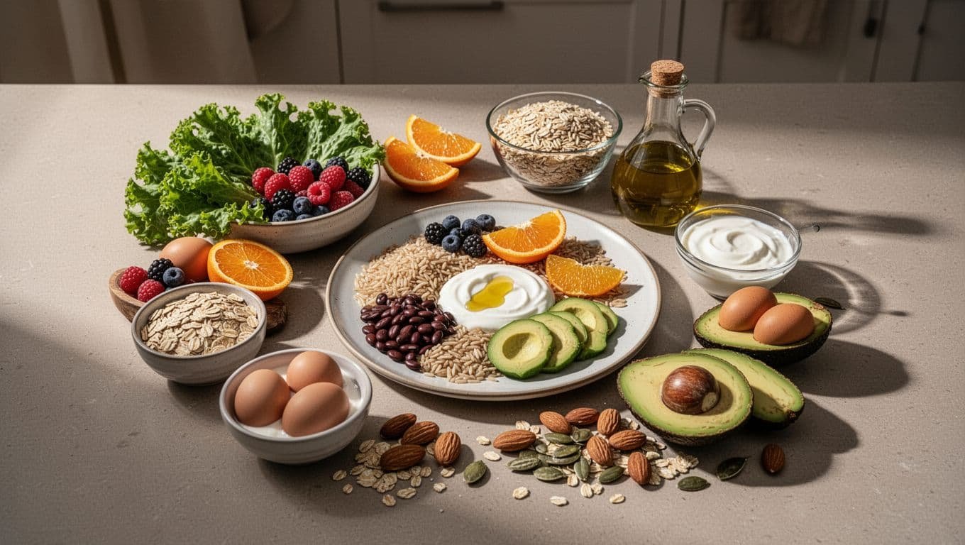 A colorful meal with vegetables, fruit, grains, eggs, yogurt, avocado, nuts, and seeds.