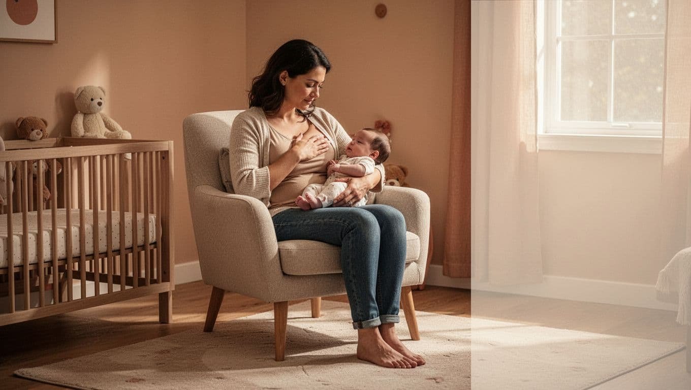 A parent nursing an infant in a softly lit nursery chair.
