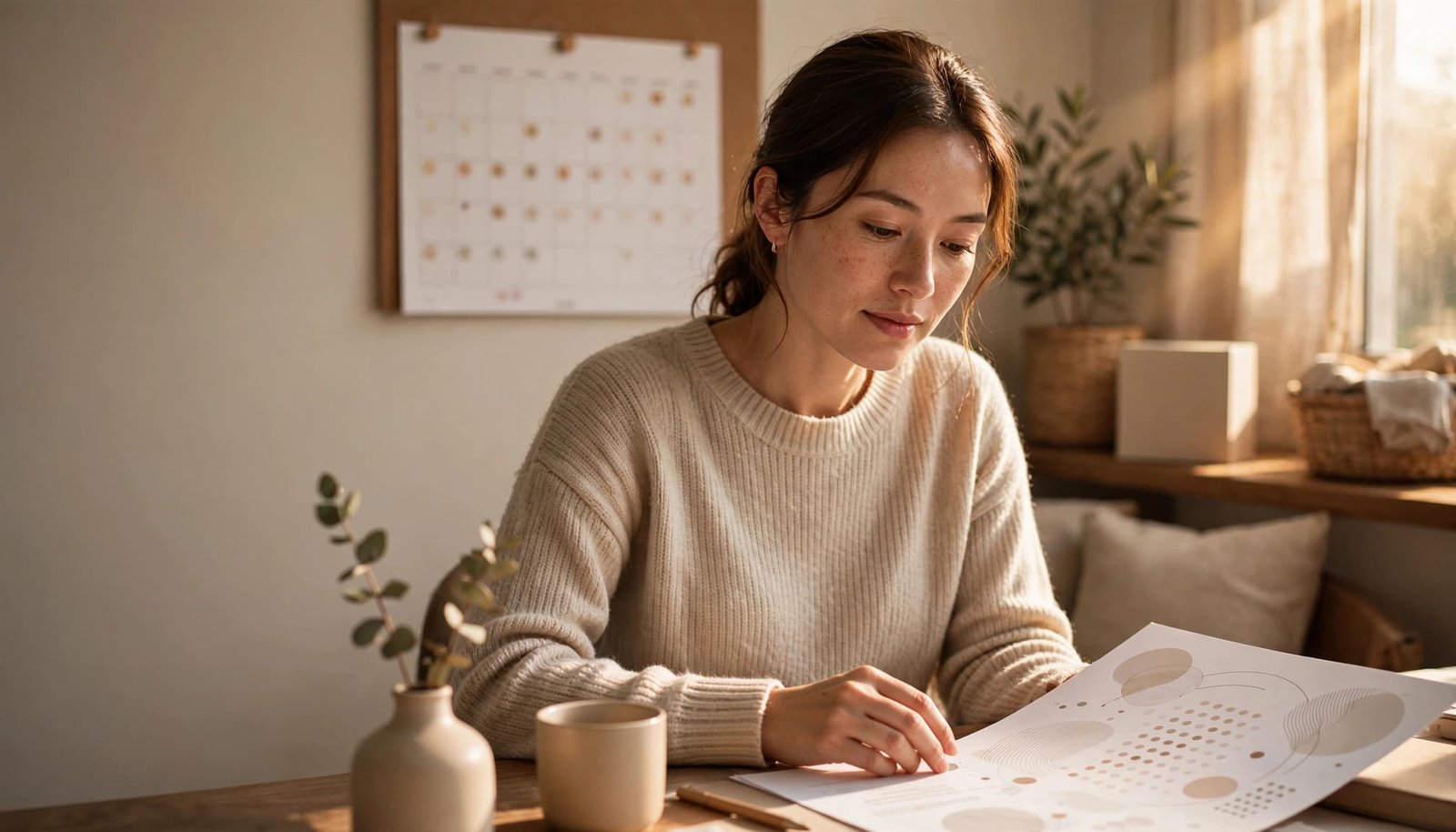 Woman reviewing fertility information at a desk with an ovulation test box nearby.