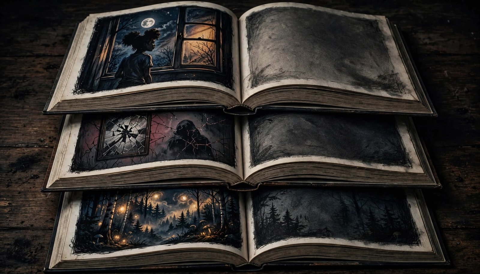 Three open books show a silhouette, cracked mirror, and glowing forest scenes.